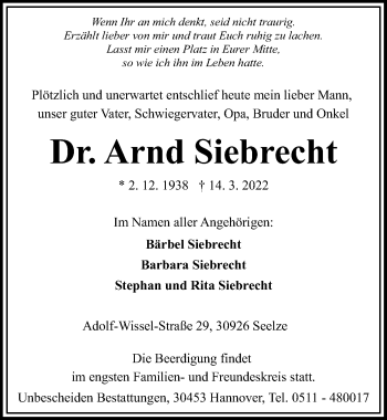 Traueranzeige von Arnd Siebrecht von Hannoversche Allgemeine Zeitung/Neue Presse