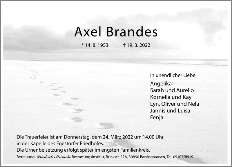  Traueranzeige für Axel Brandes vom 23.03.2022 aus Hannoversche Allgemeine Zeitung/Neue Presse