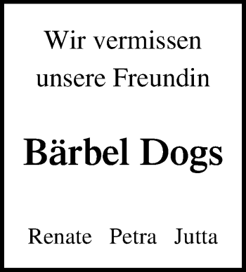 Traueranzeige von Bärbel Dogs von Lübecker Nachrichten