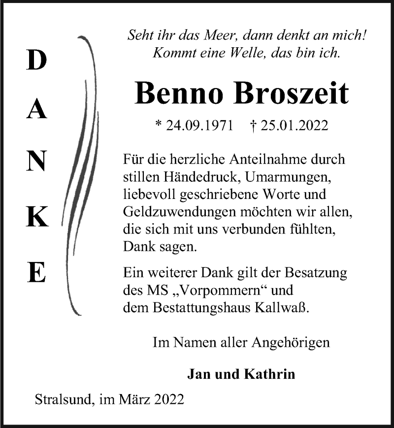  Traueranzeige für Benno Broszeit vom 12.03.2022 aus Ostsee-Zeitung GmbH