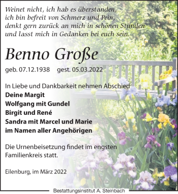 Traueranzeige von Benno Große von Leipziger Volkszeitung
