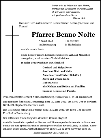 Traueranzeige von Benno Nolte von Eichsfelder Tageblatt