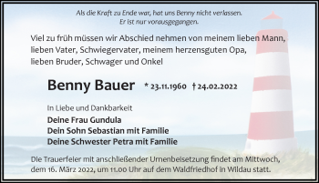 Traueranzeige von Benny Bauer von Märkischen Allgemeine Zeitung