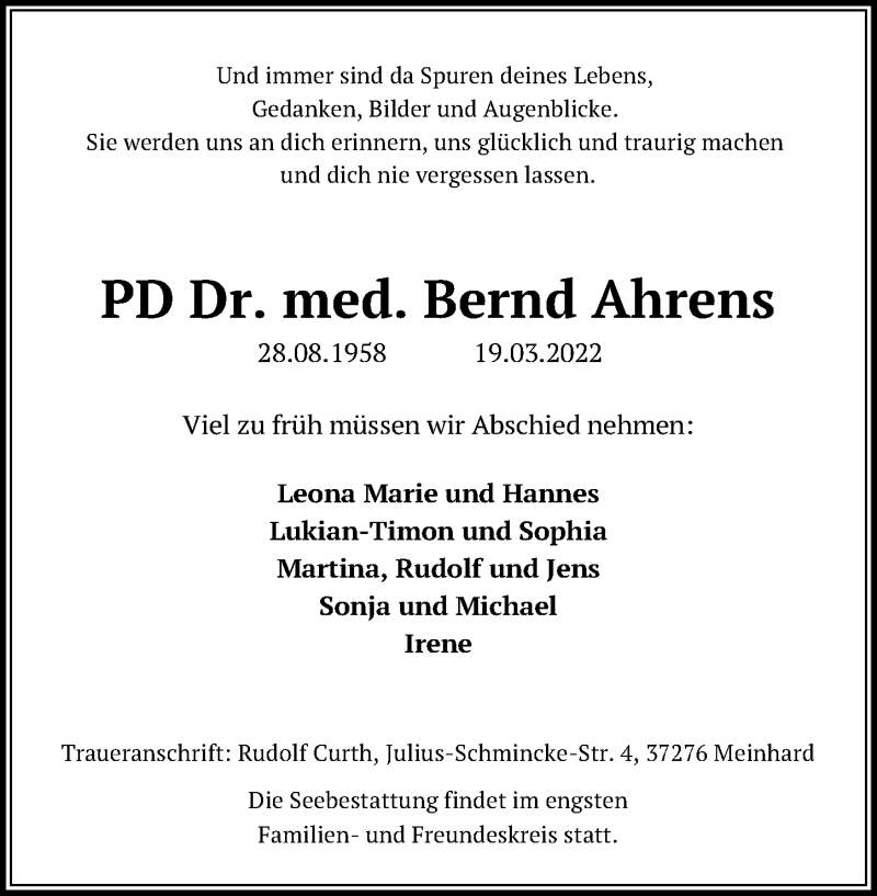  Traueranzeige für Bernd Ahrens vom 27.03.2022 aus Lübecker Nachrichten