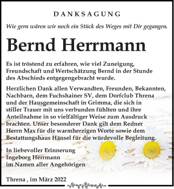Traueranzeige von Bernd Herrmann von Leipziger Volkszeitung
