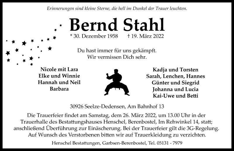  Traueranzeige für Bernd Stahl vom 23.03.2022 aus Hannoversche Allgemeine Zeitung/Neue Presse