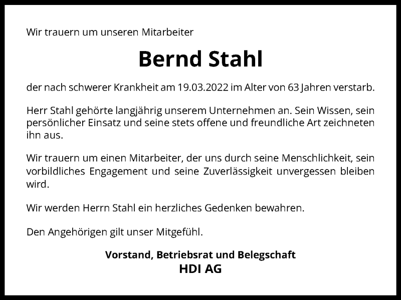  Traueranzeige für Bernd Stahl vom 26.03.2022 aus Hannoversche Allgemeine Zeitung/Neue Presse