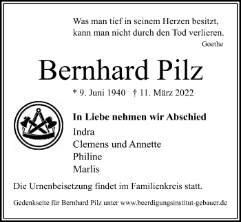 Traueranzeige von Bernhard Pilz von Aller Zeitung