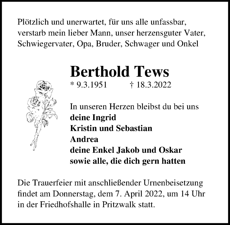 Traueranzeige für Berthold Tews vom 26.03.2022 aus Märkischen Allgemeine Zeitung