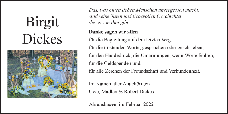  Traueranzeige für Birgit Dickes vom 12.03.2022 aus Ostsee-Zeitung GmbH