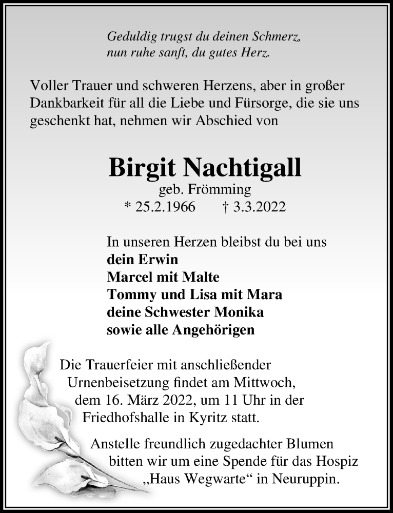  Traueranzeige für Birgit Nachtigall vom 09.03.2022 aus Märkischen Allgemeine Zeitung