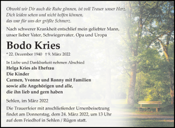Traueranzeige von Bodo Kries von Ostsee-Zeitung GmbH