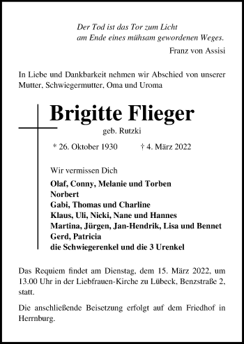 Traueranzeige von Brigitte Flieger von Lübecker Nachrichten
