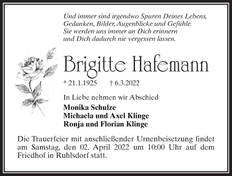  Traueranzeige für Brigitte Hafemann vom 19.03.2022 aus Märkischen Allgemeine Zeitung