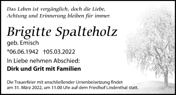 Traueranzeige von Brigitte Spalteholz von Leipziger Volkszeitung