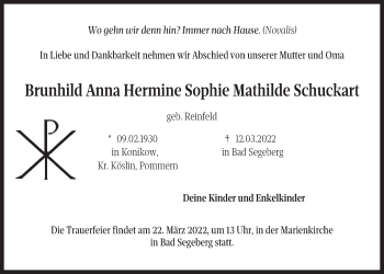 Traueranzeige von Brunhild Anna Hermine Sophie Mathilde Schuckart von Kieler Nachrichten