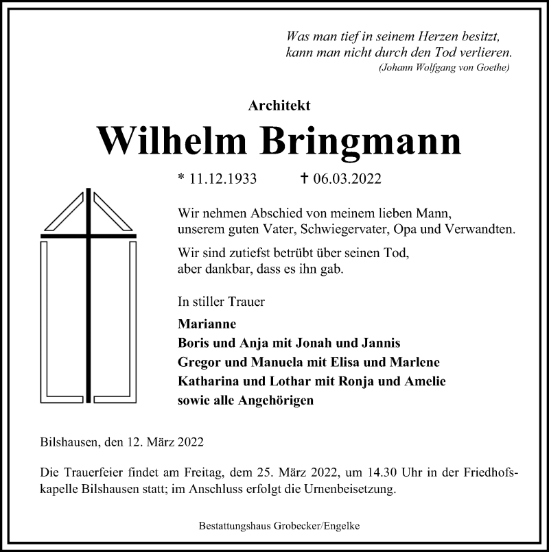  Traueranzeige für Wilhelm Bringmann  vom 12.03.2022 aus 