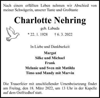 Traueranzeige von Charlotte Nehring von Kieler Nachrichten
