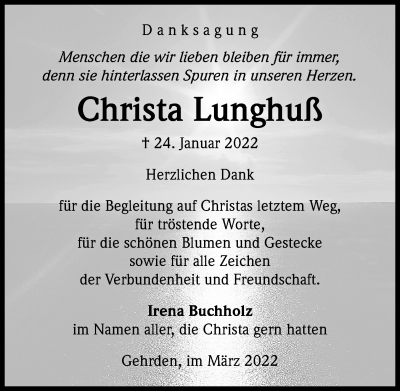  Traueranzeige für Christa Lunghuß vom 05.03.2022 aus Hannoversche Allgemeine Zeitung/Neue Presse