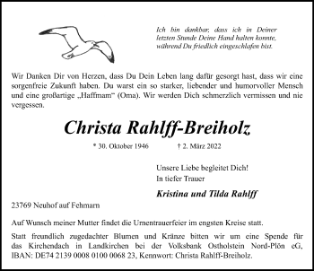 Traueranzeige von Christa Rahlff-Breiholz von Lübecker Nachrichten