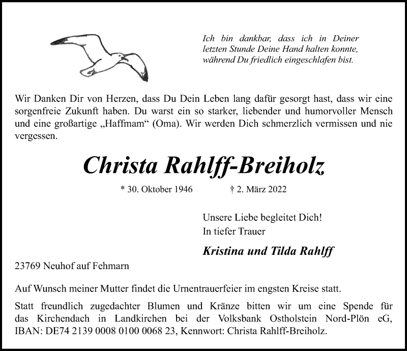  Traueranzeige für Christa Rahlff-Breiholz vom 05.03.2022 aus Lübecker Nachrichten