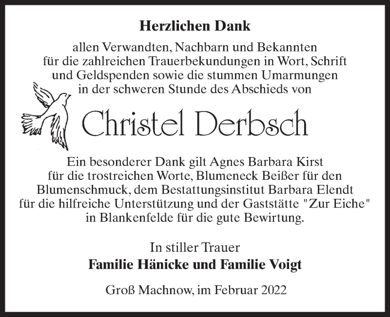  Traueranzeige für Christel Derbsch vom 05.03.2022 aus Märkischen Allgemeine Zeitung