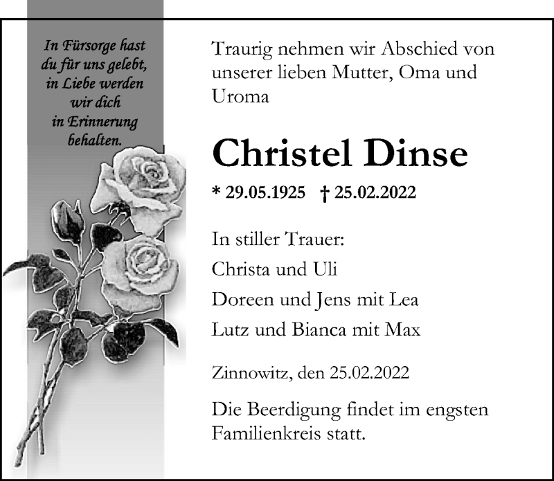  Traueranzeige für Christel Dinse vom 05.03.2022 aus Ostsee-Zeitung GmbH