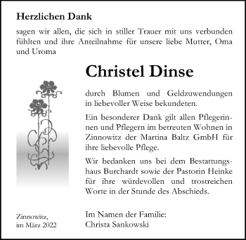 Traueranzeige von Christel Dinse von Ostsee-Zeitung GmbH