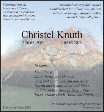 Traueranzeige von Christel Knuth von Ostsee-Zeitung GmbH