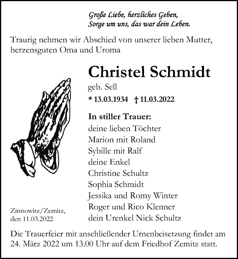  Traueranzeige für Christel Schmidt vom 19.03.2022 aus Ostsee-Zeitung GmbH