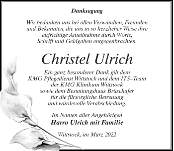 Traueranzeige von Christel Ulrich von Märkischen Allgemeine Zeitung