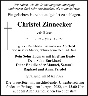 Traueranzeige von Christel Zinnecker von Ostsee-Zeitung GmbH