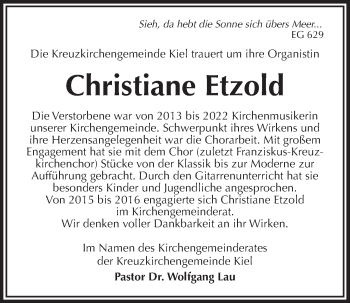 Traueranzeige von Christiane Etzold von Kieler Nachrichten