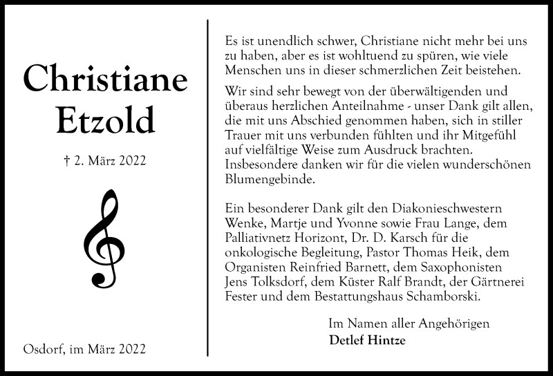 Traueranzeige für Christiane Etzold vom 26.03.2022 aus Kieler Nachrichten