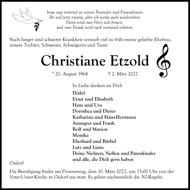  Traueranzeige für Christiane Etzold vom 05.03.2022 aus Kieler Nachrichten