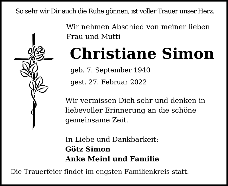  Traueranzeige für Christiane Simon vom 08.03.2022 aus Leipziger Volkszeitung