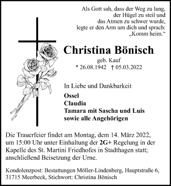 Traueranzeige von Christina Bönisch von Schaumburger Nachrichten