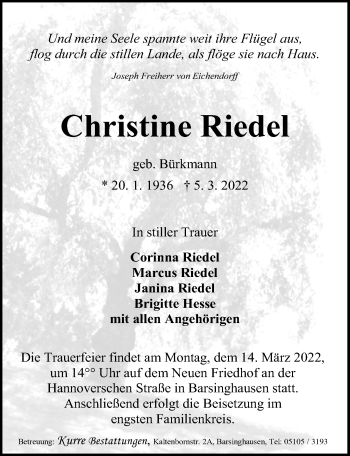 Traueranzeige von Christine Riedel von Hannoversche Allgemeine Zeitung/Neue Presse