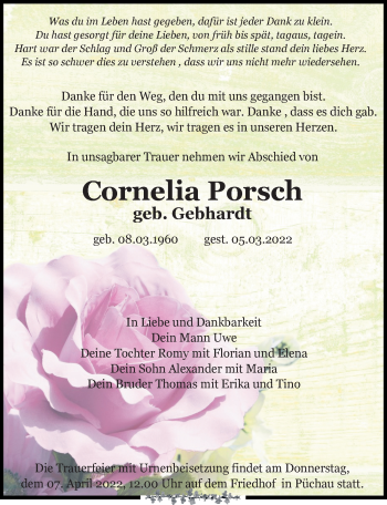 Traueranzeige von Cornelia Porsch von Leipziger Volkszeitung