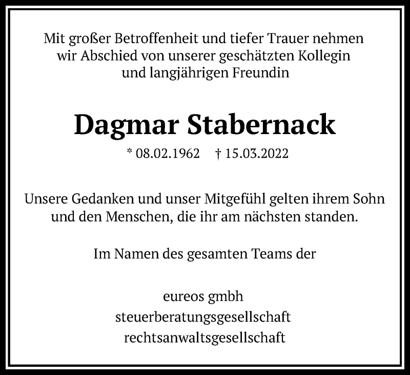  Traueranzeige für Dagmar Stabernack vom 18.03.2022 aus Leipziger Volkszeitung