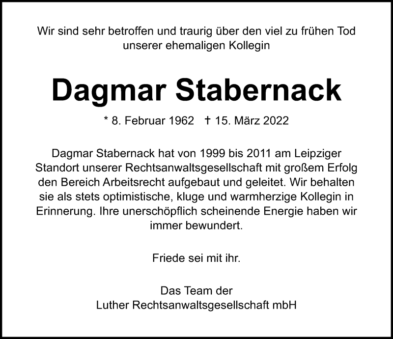  Traueranzeige für Dagmar Stabernack vom 19.03.2022 aus Leipziger Volkszeitung