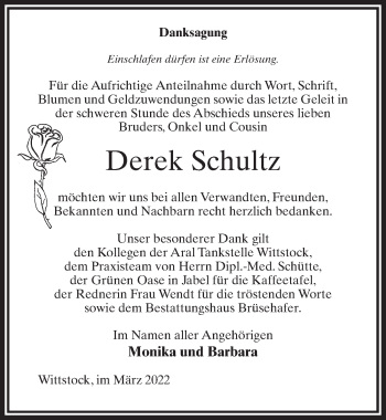 Traueranzeige von Derek Schultz von Märkischen Allgemeine Zeitung