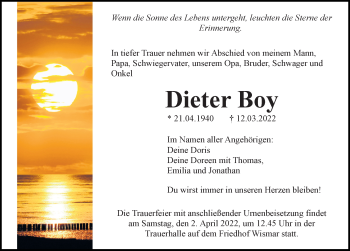 Traueranzeige von Dieter Boy von Ostsee-Zeitung GmbH