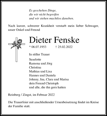 Traueranzeige von Dieter Fenske von Ostsee-Zeitung GmbH