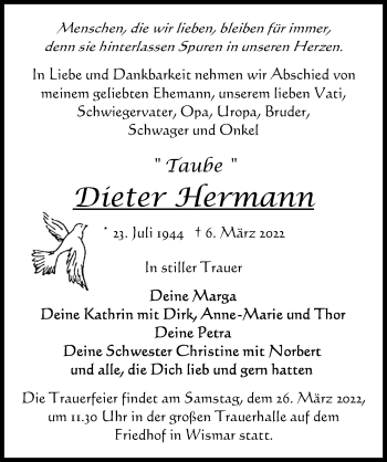 Traueranzeige von Dieter Hermann von Ostsee-Zeitung GmbH
