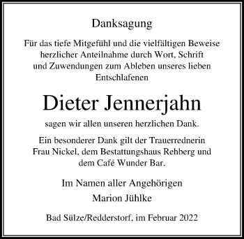 Traueranzeige von Dieter Jennerjahn von Ostsee-Zeitung GmbH