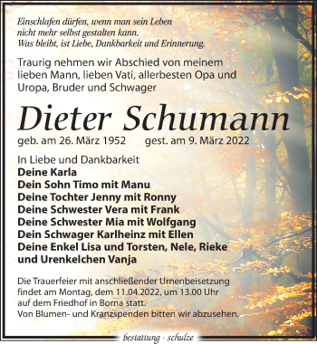 Traueranzeige von Dieter Schumann von Leipziger Volkszeitung