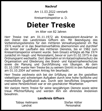 Traueranzeige von Dieter Treske von Aller Zeitung