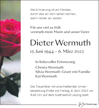 Traueranzeige von Dieter Wermuth von Leipziger Volkszeitung