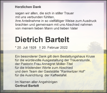 Traueranzeige von Dietrich Bartelt von Ostsee-Zeitung GmbH